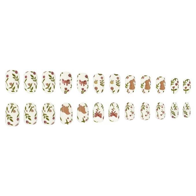 Cute Rabbit Press on Nails Easter Press on Nails - Medium Oval Fake Nails with Flower | Bow Designs False Nails Press ons Spring Full Cover Stick on Nails Easter Nails for Women Manicure 24Pcs