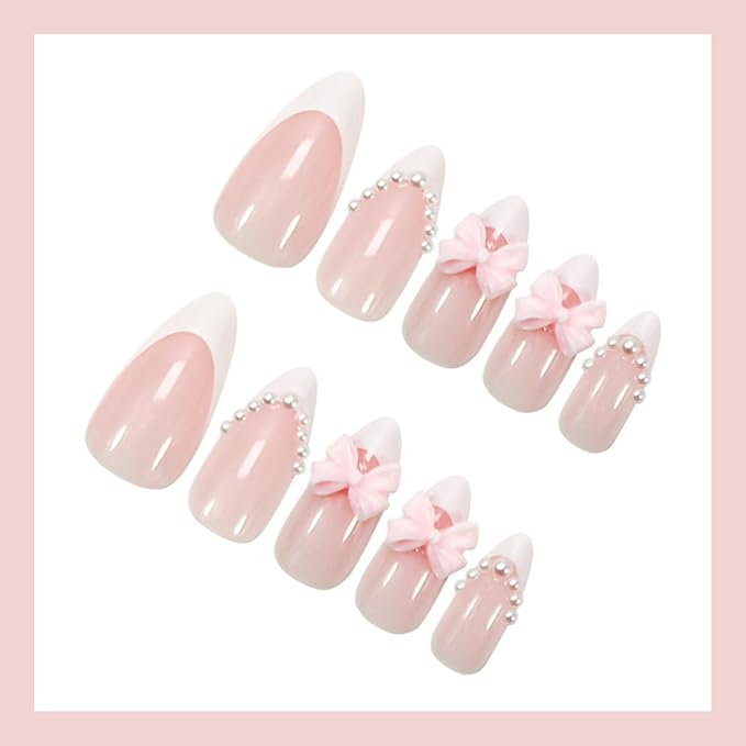 White French Tip Press on Nails - 3D Bow False Nails Short Almond Fake Nails Press ons with Pearls Design, Glossy Acrylic Full Cover Reusable Glue on Nails for Women Manicure 24Pcs