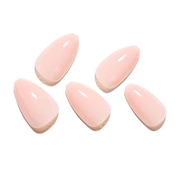 GLAMERMAID Light Pink Nude Press On Nails Short Almond, Translucence Coral Glossy Handmade Soft Jelly Gel Fake Nails, Pure Round Oval Stick Glue on Nails Kit for Women, Reusable Acrylic False Nail Set