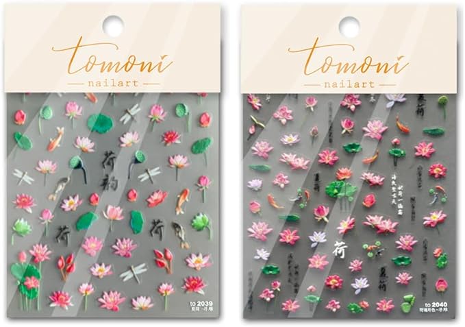 Lotus Flowers Nail Art Stickers 5D Nail Decals Embossed Self Adhsive Sticker for Women Girls DIY Spring Nails Manicure Salon (Lotus Pond)