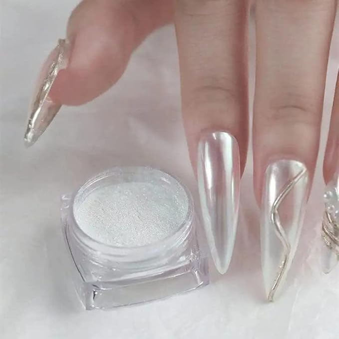 White Pearl Chrome Nail Powder, Mirror Effect Pearlescent Chrome Pigment Powder for Nails, Ice Aurora Nail Powder 3Pcs