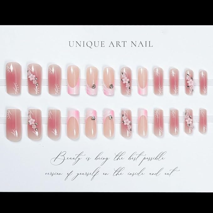 Medium Press on Nails Coffin - Pink Fake Nails with Floral Charms Design - Spring, French Tip False Nails for Women - 24 Pcs
