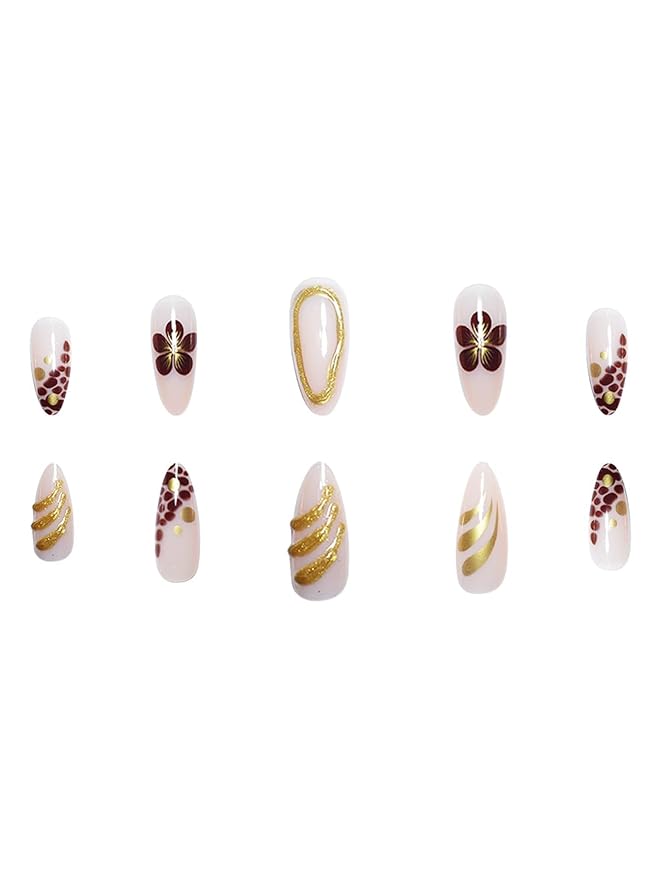 Long Press on Nails Almond Brown Fake Nails French Artificial Nails with Designs Glossy Acrylic Press ons Gold Charm Stick on Nails for Women 24pcs