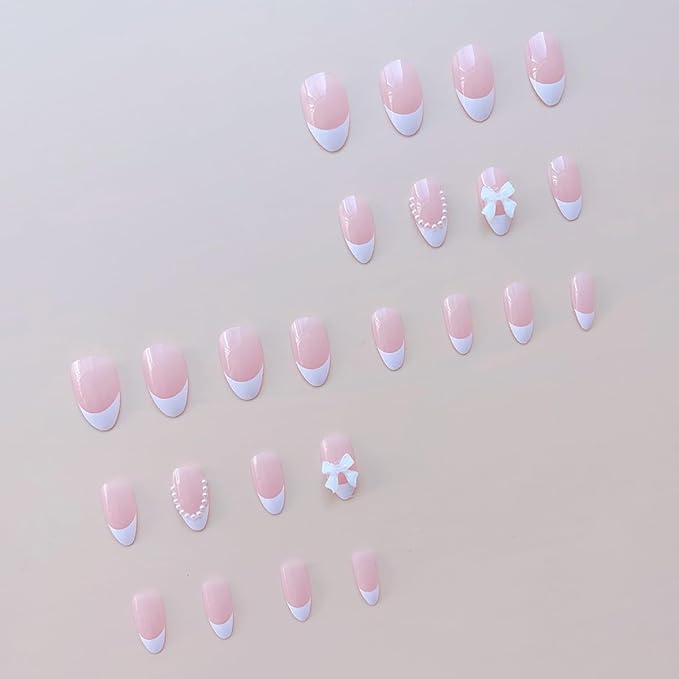 24 Pcs French Tip Press On Nails - Short Almond Bow Fake Nails with Pearl Designs - White French Tip False Nails - Reusable Artificial Nails for Women & Girls