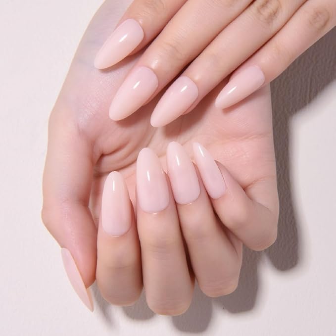 evpct Light Nude Pink Glossy Press on Nails Medium Almond for Women Gift, Glossy Soft Gel Fake Nail Salon Quality with Nail Kit Set Kit, Full Cover Reusable Stick on Acrylic False Nails Perfectly Fit