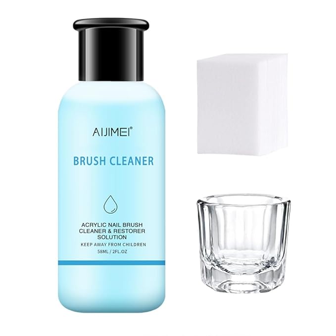 AIJIMEI Nail Brush Cleaner Restorer Nail Brush Cleaner Solution Clean Manicure Brushes Set A with Glass Cup & Cleaning Cotton Pads for Nail Art Gel Polish Painting Brushes 58ml