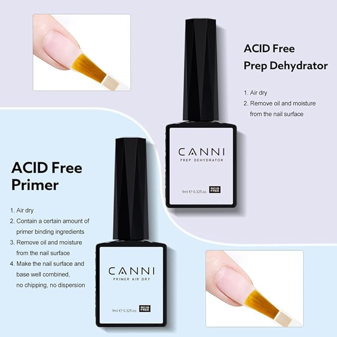 CANNI 6Pcs 9ml Hema-Free Nail Dehydrator Primer, Base Coat Reinforce Diamond Gel Top Coat and Matte Top Coat Gel Nail Polish Set, Soak Off LED Nail Gel Polish Set Nail Art Starter Manicure Salon