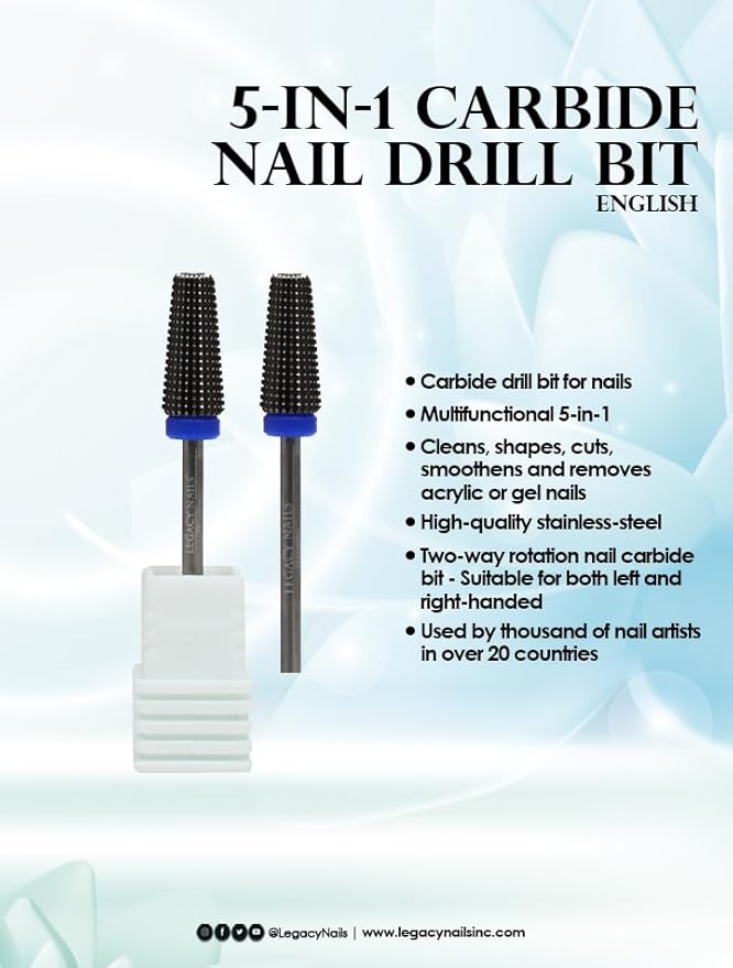 Legacy Nails Professional 5IN1 CARBIDE NAIL DRILL BIT Cleans Shapes Cuts Smoothens and Removes Acrylic or Gel Nails, Stainless-Steel
