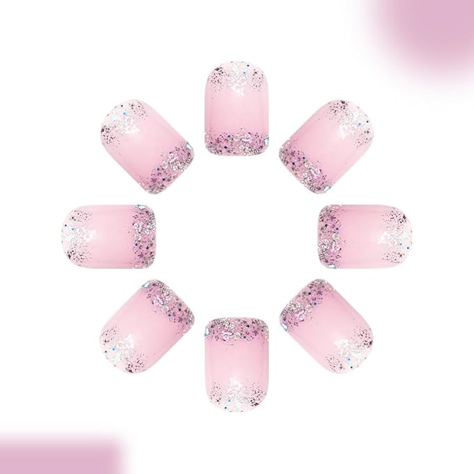 Nude Pink Glitter French Press on Nails Short Square Fake Nails Glitter Gradient False Nails Full Cover Nude Sparkly French Glossy Acrylic Nails for Women and Girls DIY Manicure Decoration 24Pcs