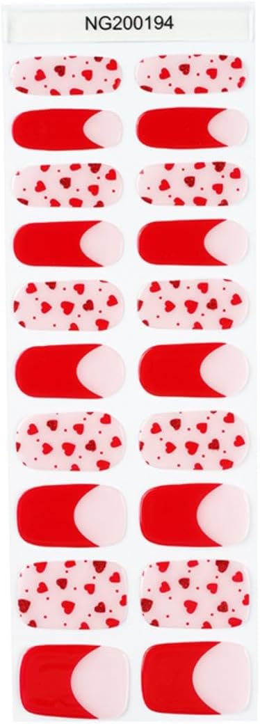Semi Cured Gel Nail Strips (Red Love), French Heart, 20 Pcs Gel Nail Wraps, Stickers, UV Light Required, Salon Quality, Long Lasting, Valentines Day Gift for Women Girls DIY Manicure