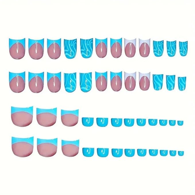 48Pcs Blue Press on Toenails Short Square Press on Nails Blue White French Tips False Nails with Water Ripple Design Glossy Skintones Fake Toenails Summer Fake Nails Kit for Women Girls Manicure