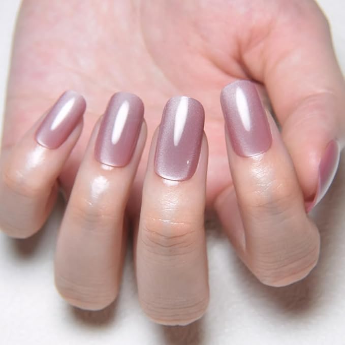 Mauve Pink Cat Eye Press on Nails Medium Square, Medium Square Press Stick on Nails Chrome for Women Gift, Mauve Holographic Glitter Glossy Reusable Gel Acrylic Fake Nail with Designs Cateye Effect