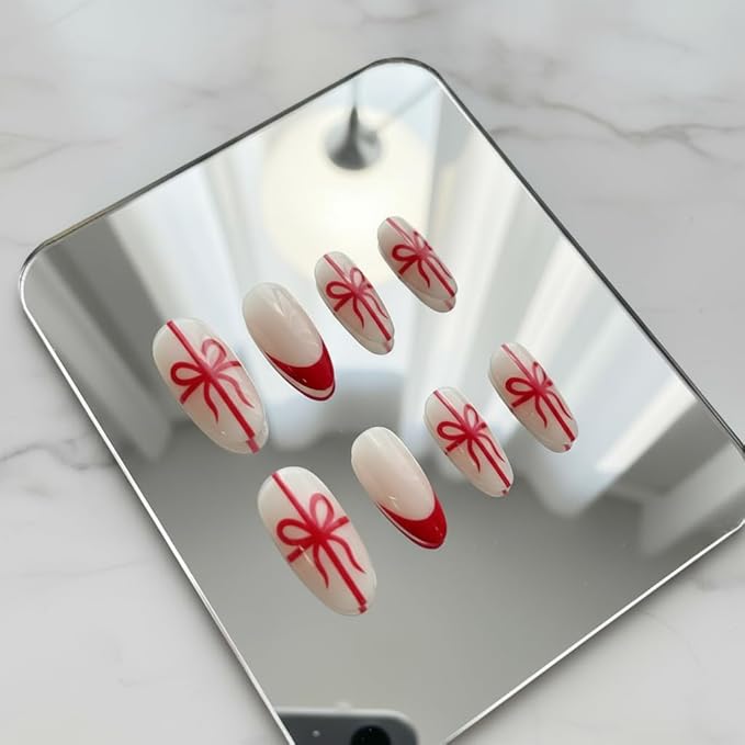 Press On Nails Almond Christmas, French Tip Press on Nails Short, Glue On Nails for Women Gift, Supremely Fit Natural Reusable Stick On Nails in 12 Sizes -24 Fake Nails Kit, French Bow