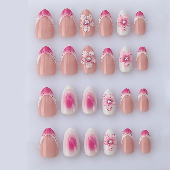 3D French Tip Flowers Press On Nails Almond Short, 3D Pattern French Tips Designer Reusable Acrylic Nails Press Ons, Fake Nails With Glue On, Daily Wear Floral False Nails For Women