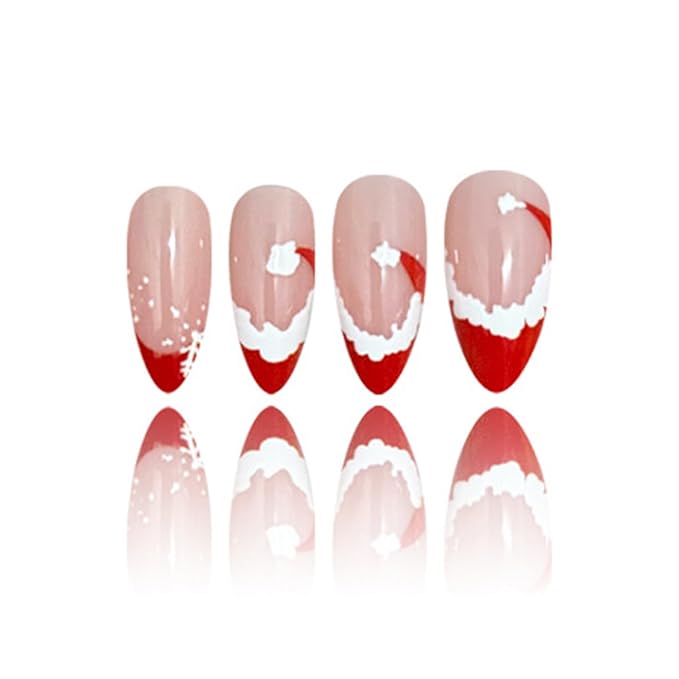 Christmas Press on Nails Short Almond Fake Nails Christmas Hat French Tip False Nails Press ons Cute Full Cover Stick on Nails Winter Xmas Acrylic Nail for Women Manicure 24Pcs