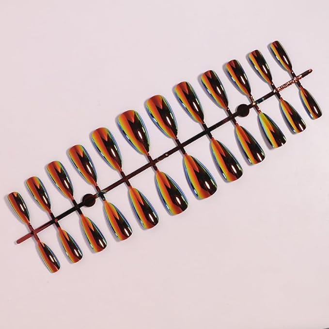 Chrome Fake Nails Almond Press on Nails Metal Mirror False Nails Press ons Glossy Gradient Acrylic Nails Medium Full Cover Holographic Glue Stick on Nail for Women Girls Manicure 24Pcs
