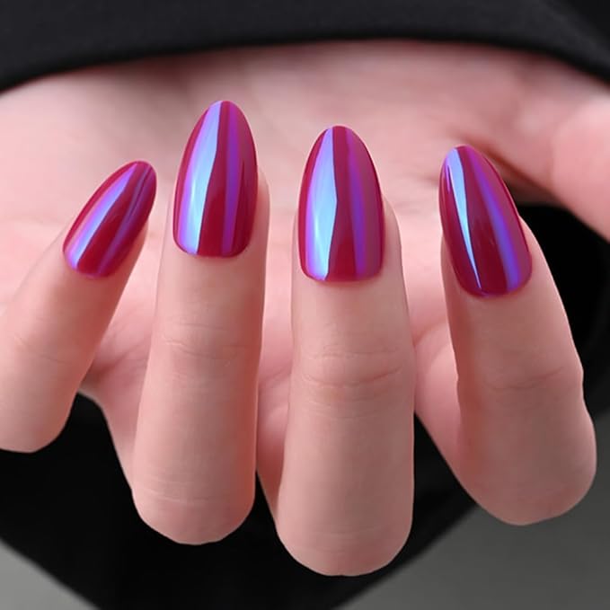 evpct Dark Red Press on Nails Almond Short, Dark Purple Red Chrome Glazed Glossy Short Almond Soft Gel Press On Nails with Nail Kit for Women Gift, 15 Sizes 30Pcs Reusable Stick Acrylic Fake Nail Kit