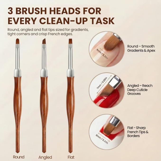 3PCS Nail Art Clean Up Brushes, Round/Angled/flat Acetone Resistant Gel Nail Polish Remover Brush, Nail Brushes for Tidying Up Polish Mishaps on Cuticles, and Nail Art Designs（Wood color）
