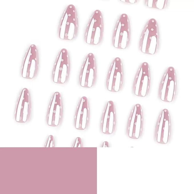 Short Press on Nails Almond - Chrome Pink Fake Nails with Polka Dot Design - Glossy Full Cover Stick on False Nails for Women 24 Pcs