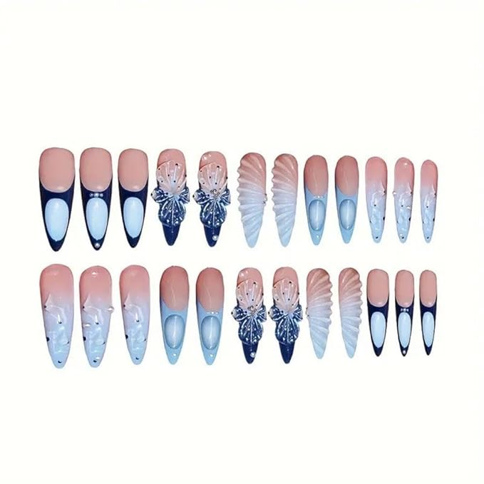 Handmade Press on Nails - Long Almond Glue on Nails - Flower Charm Design Blue French Tips Stick on Nail - 3D Pearl Water Ripple Fake Nail Glossy Summer False Nails for Women Manicure 24Pcs