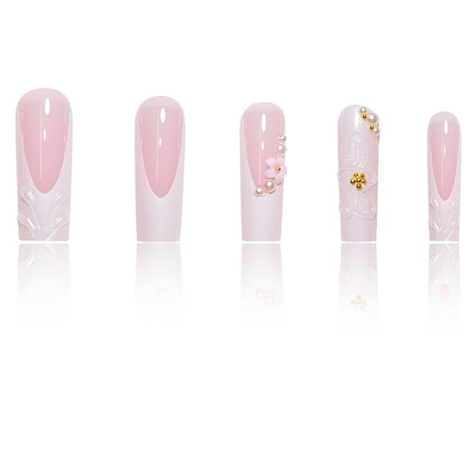 Square Press on Nails Long Fake Nails White Artificial Nail Flowers and Pearl Designs Glitter Stick on Nail for Women 24pcs