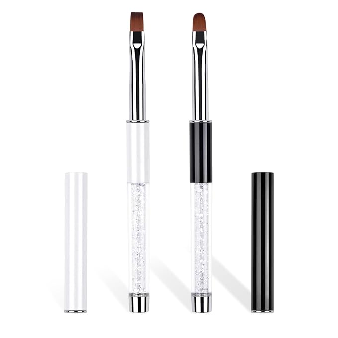 Professional 2Pcs Oval & Flat Nail Brush Set with Rhinestone Handle,Premium Nail Art Brushes for Builder Gel,French Tip Design,and Acrylic Nails (Salon & DIY Use)