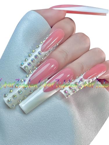 HAND-PAINTED White Press Ons Neon Small Press on Nails Long French Press on Nails Coffin Medium Short Nail art Fake Nail Art Kit with 7g Glue on Nails Handmade Almond Square Nails (Small, J1)