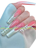 HAND-PAINTED White Press Ons Neon Small Press on Nails Long French Press on Nails Coffin Medium Short Nail art Fake Nail Art Kit with 7g Glue on Nails Handmade Almond Square Nails (X-Small, J1)