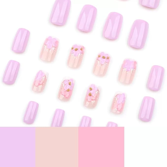 Press on Nails - Medium Square Fake Nails with Floral Design - Purple Full Cover Stick on False Nails - for Women 24 Pcs