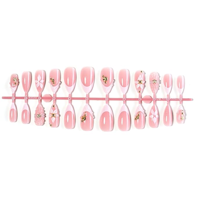 24Pcs 3D Almond Press on Nails Medium White French Tip Fake Nails Gold Beads Shell Starfish Rhinestones Design Flower Glue on Nails Spring False Nails Handmade Acrylic Nails for Women Manicure