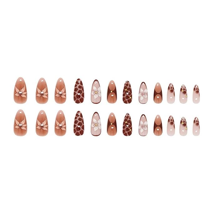 Handmade Medium Almond Press on Nails MABKJLF Red French Tip Fake Nails False Nails with Flower Cherry Leopard Print Gold Bow Designs Glossy Glue on Nails Stick on Nails for Women Girls 24Pcs
