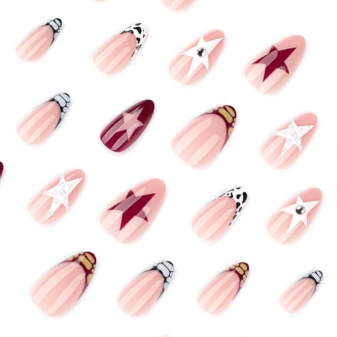Crocodile Print French Tip Press on Nails - Star False Nails Short Almond Fake Nails Press ons with Pearl Design, Full Cover Pentagram Glue on Nails for Women Y2K Manicure 24Pcs