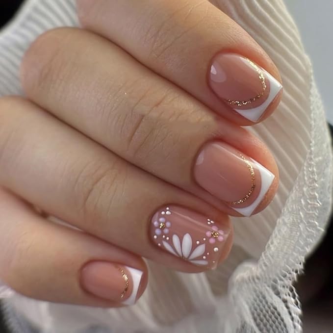 3D French Press on Nails Short Square with Flower Design, Nude Nail + White Tip Glossy Stick on Nails for Women with Kit, Reusable Soft Gel Stick on Fake Nail with Gold Line Designs Perfectly Fit