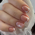 3D French Press on Nails Short Square with Flower Design, Nude Nail + White Tip Glossy Stick on Nails for Women with Kit, Reusable Soft Gel Stick on Fake Nail with Gold Line Designs Perfectly Fit