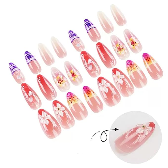 Press on Nails Medium Almond - Flower Fake Nails with 3D Shell Pattern Design - Colorful Full Cover Stick on False Nails - for Women Manicure 24 Pcs