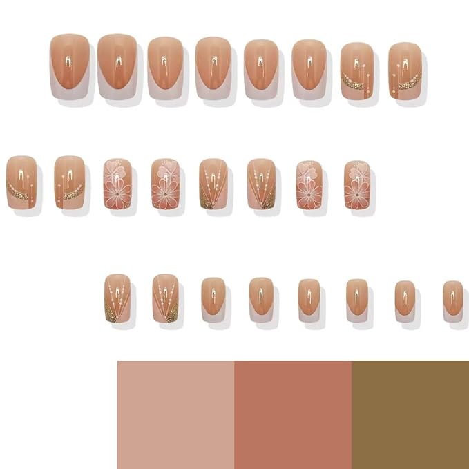 Press on Nails Square - Medium Fake Nails with Flower Design - French Tip, Pink False Nails Press ons - for Women 24 Pcs