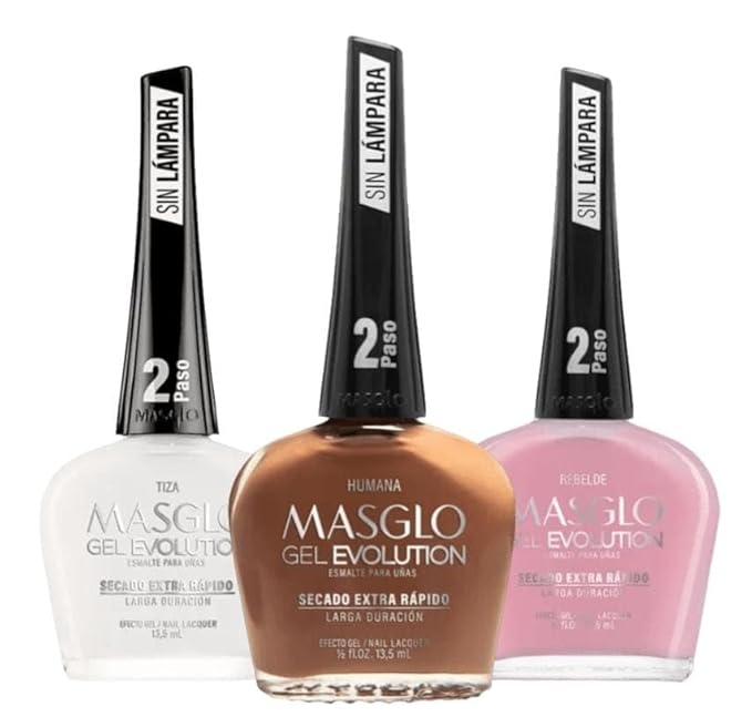 MASGLO GEL EVOLUTION Nail Polish Gel Effect, No UV/Led Lamp Required, Duration up to 12 day, 3 PCs Colors - Effecto Gel sin lampara UV/Led, duracion hasta 12 dias (TIZA, HUMANA, REBELDE)