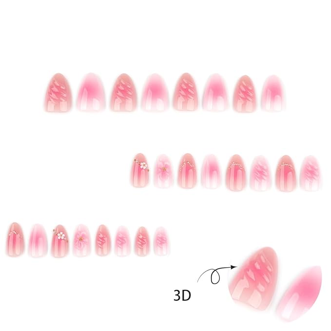 Almond Press on Nails - Short Pink Nails Spring False Nails Press ons with Flower & Gold Beads Design, Glossy Acrylic Full Cover Floral Stick on Nails for Women Manicure 24Pcs