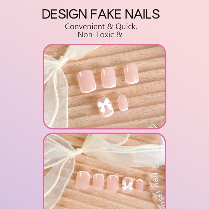 Press on Nails Pink Glossy 3D Flower French Fake Nails French Fake Reusable Nail Kit with Nail Glue Adhesive Tabs Mini Nail File for Women Manicure Art Decoration 24PCS