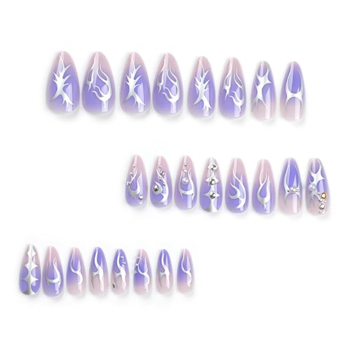 Ombre Purple Press on Nails Medium Almond False Nails with Silver Flame Designs 3D Pearl Fake Nails Glossy Rhinestones Glue on Nails Full Cover Reusable Stick on Nails for Women Girls Manicure 24Pcs