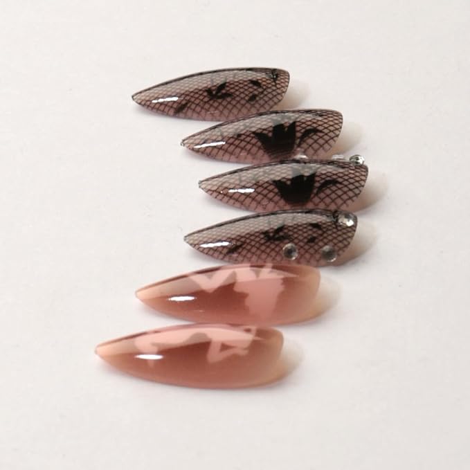 Black Lace Press on Nails Medium Almond Fake Nails Cute Nails Press ons with Rhinestone Design,Reusable & Easy Apply Full Cover Stick on Nails for Women Manicure 24Pcs