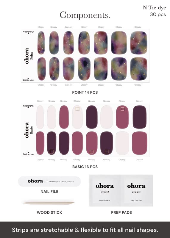 ohora Semi Cured Gel Nail Strips (N Tie-dye) - Purple, Ombre, Works with Any UV/LED Lamps, Salon-Quality, Long Lasting, Easy to Apply & Remove - Includes 2 Prep Pads, Nail File & Wooden Stick