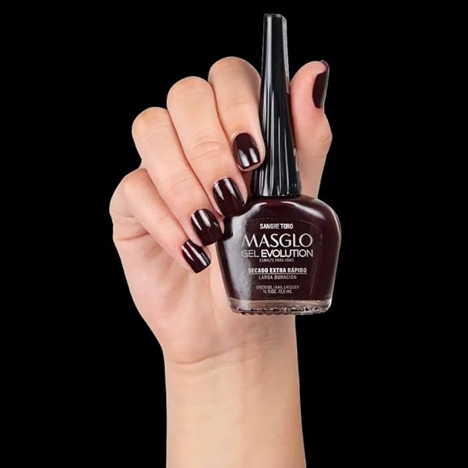 MASGLO GEL EVOLUTION Nail Polish Gel Effect, No UV/Led Lamp Required, Duration up to 12 day, 1 peice color Sangre Toro - Effecto Gel sin necesidad de lampara UV/Led, hasta 12 dias