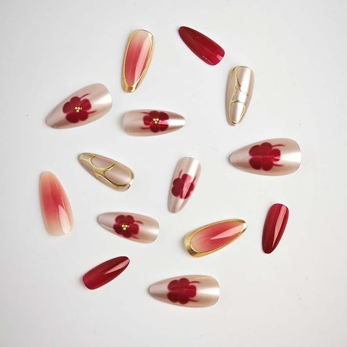 Burgundy and Gold Press on Nails Almond Fake Nails Fall False Nail Press ons with Red Flower,Gold Metallic Design Reusable Artificial Nail Glossy Full Cover Stick on Nails for Women Manicure 24 Pcs