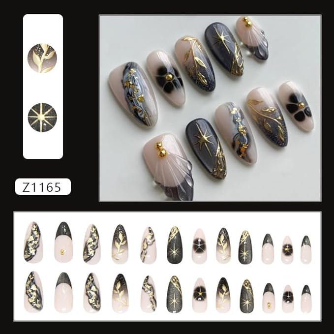 Medium Almond Press on Nails with Gold Foil and Marble Nude Black Grey Fake Nails Stick on Nail for Women 24pcs