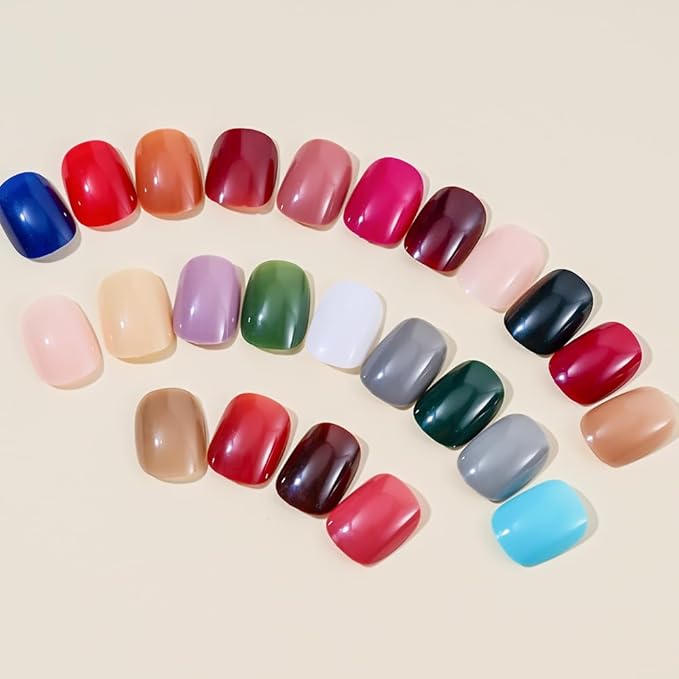 24Packs 576Pcs Squoval Press on Nails Short Round Fake Nails Solid Color Acrylic Nails Glossy Oval Pure Artificial False Nails Colorful Nature Glue on Nails for Women Girls Manicure Nails Decoration