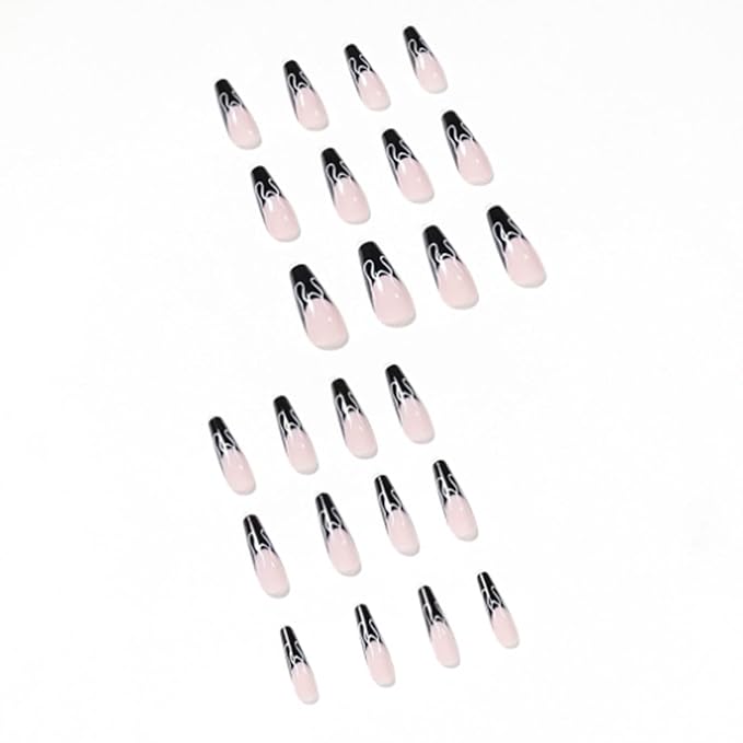 Long Press on Nails Square French Fake Nails Full Cover Nude Acrylic False Nails for Women and Girls 24PCS (Black Coffin)