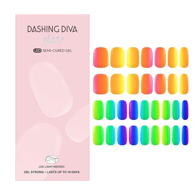 Dashing Diva Glaze Nail Strip Set - Rainbow Pop - Long Lasting, Chip Resistant, Semi-Cured Gel Nails - 4-Piece Manicure Kit with 32 Strips