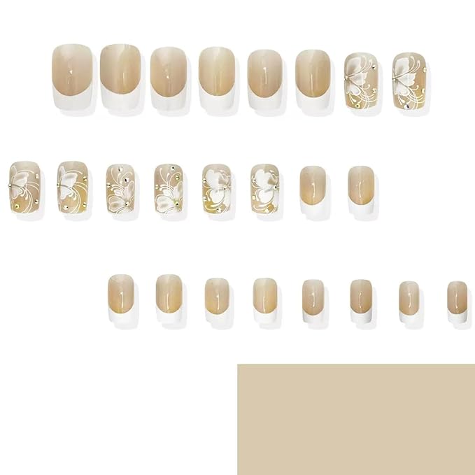 Square Press on Nails Medium - White Fake Nails with Flower Design - Rhinestone, French Tip Full Cover Stick on Nails - for Women 24 Pcs
