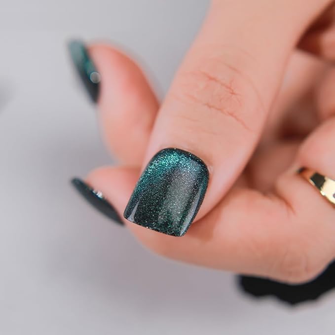 Light green Press on Nails Short Square, Cat Eye Press on Nails, Fashion Gel Fake Nails, Reusable Acrylic Fake Nails, Glossy Stick on Nails for Women, 24Pcs